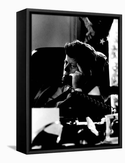 President John F. Kennedy Looking Serious on Telephone in White House during Cuban Missile Crisis-Art Rickerby-Framed Premier Image Canvas