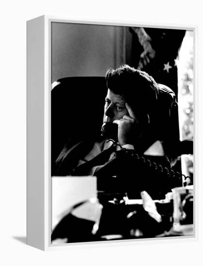 President John F. Kennedy Looking Serious on Telephone in White House during Cuban Missile Crisis-Art Rickerby-Framed Premier Image Canvas