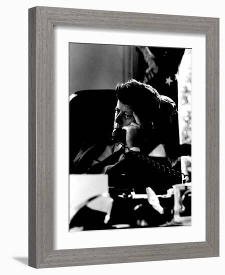 President John F. Kennedy Looking Serious on Telephone in White House during Cuban Missile Crisis-Art Rickerby-Framed Photographic Print