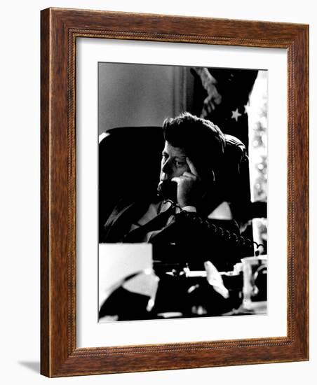 President John F. Kennedy Looking Serious on Telephone in White House during Cuban Missile Crisis-Art Rickerby-Framed Photographic Print