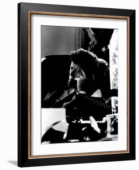 President John F. Kennedy Looking Serious on Telephone in White House during Cuban Missile Crisis-Art Rickerby-Framed Photographic Print