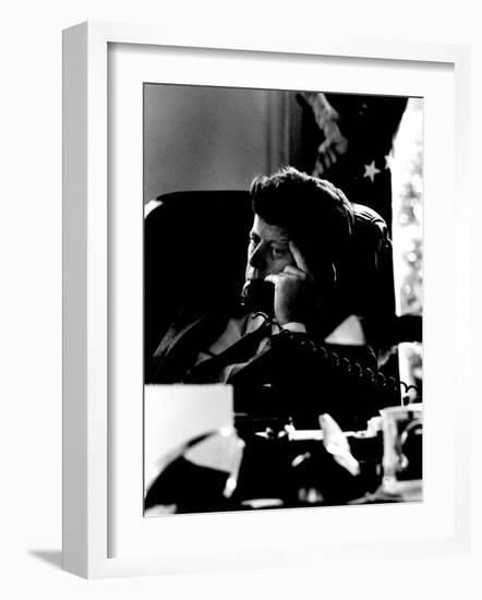 President John F. Kennedy Looking Serious on Telephone in White House during Cuban Missile Crisis-Art Rickerby-Framed Photographic Print