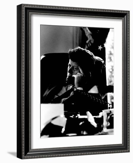 President John F. Kennedy Looking Serious on Telephone in White House during Cuban Missile Crisis-Art Rickerby-Framed Photographic Print