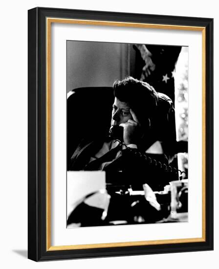 President John F. Kennedy Looking Serious on Telephone in White House during Cuban Missile Crisis-Art Rickerby-Framed Photographic Print