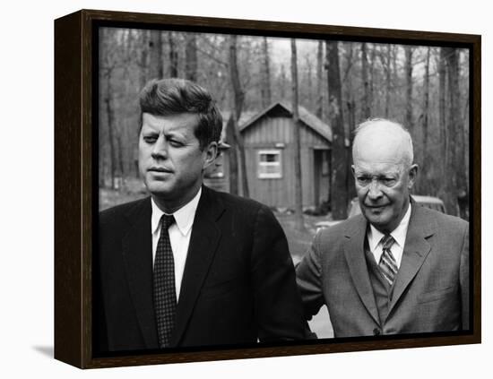 President John F. Kennedy Meeting with Former President Dwight Eisenhower at Camp David-Ed Clark-Framed Premier Image Canvas