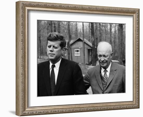 President John F. Kennedy Meeting with Former President Dwight Eisenhower at Camp David-Ed Clark-Framed Premium Photographic Print