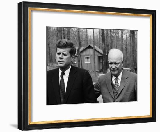 President John F. Kennedy Meeting with Former President Dwight Eisenhower at Camp David-Ed Clark-Framed Premium Photographic Print