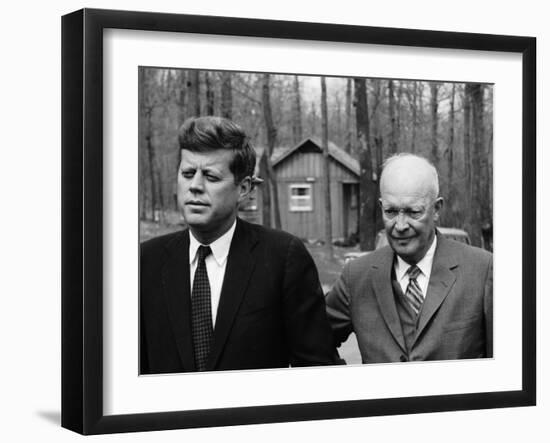 President John F. Kennedy Meeting with Former President Dwight Eisenhower at Camp David-Ed Clark-Framed Premium Photographic Print