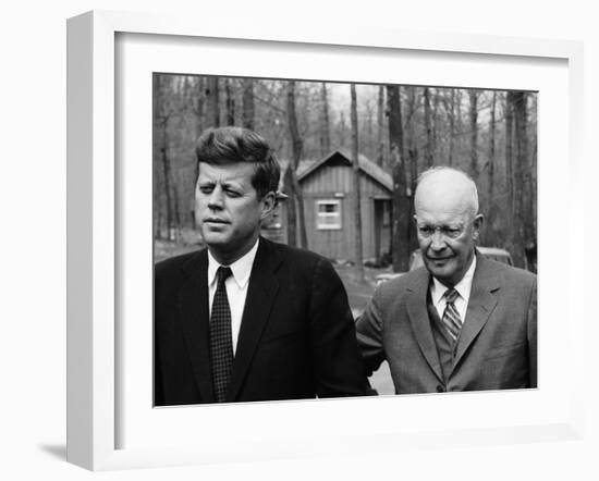 President John F. Kennedy Meeting with Former President Dwight Eisenhower at Camp David-Ed Clark-Framed Premium Photographic Print