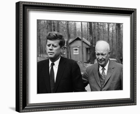 President John F. Kennedy Meeting with Former President Dwight Eisenhower at Camp David-Ed Clark-Framed Premium Photographic Print