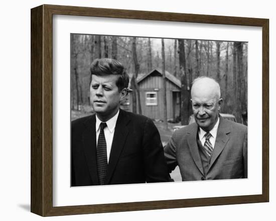 President John F. Kennedy Meeting with Former President Dwight Eisenhower at Camp David-Ed Clark-Framed Photographic Print