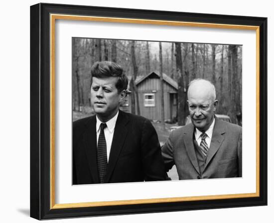 President John F. Kennedy Meeting with Former President Dwight Eisenhower at Camp David-Ed Clark-Framed Photographic Print