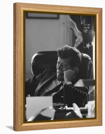 President John F. Kennedy on the Telephone in the Oval Office During the Steel Crisis-Art Rickerby-Framed Premier Image Canvas