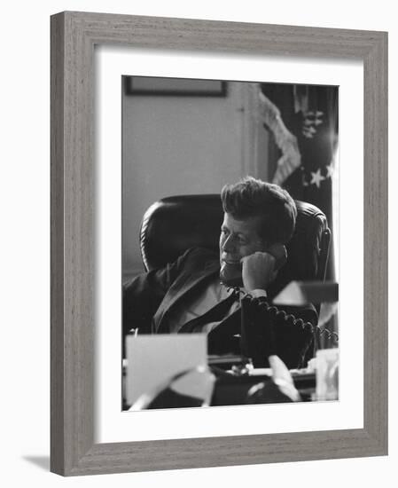 President John F. Kennedy on the Telephone in the Oval Office During the Steel Crisis-Art Rickerby-Framed Photographic Print