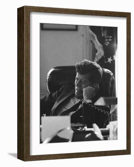 President John F. Kennedy on the Telephone in the Oval Office During the Steel Crisis-Art Rickerby-Framed Photographic Print