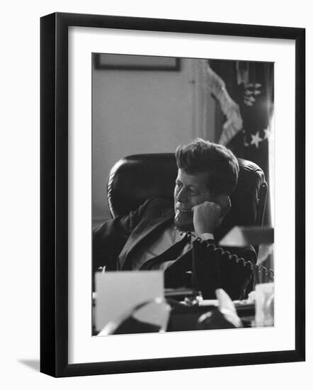 President John F. Kennedy on the Telephone in the Oval Office During the Steel Crisis-Art Rickerby-Framed Photographic Print