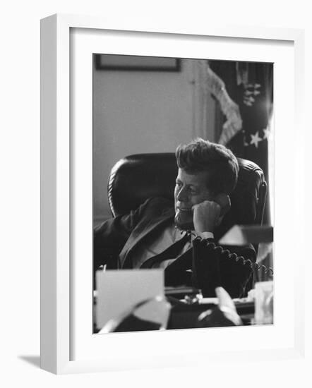 President John F. Kennedy on the Telephone in the Oval Office During the Steel Crisis-Art Rickerby-Framed Photographic Print