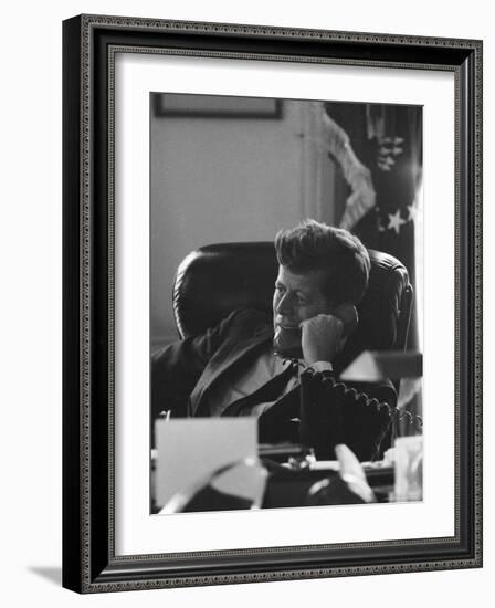 President John F. Kennedy on the Telephone in the Oval Office During the Steel Crisis-Art Rickerby-Framed Photographic Print