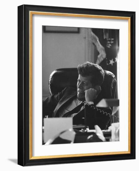 President John F. Kennedy on the Telephone in the Oval Office During the Steel Crisis-Art Rickerby-Framed Photographic Print