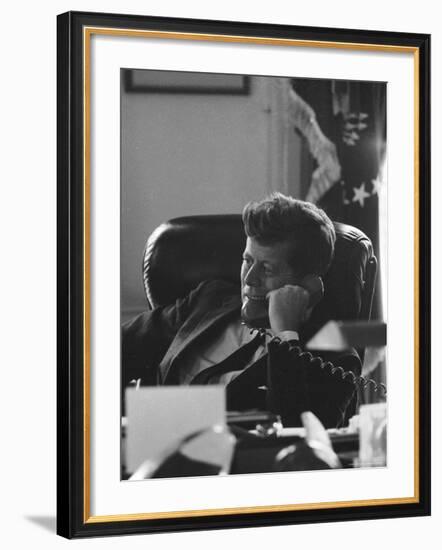 President John F. Kennedy on the Telephone in the Oval Office During the Steel Crisis-Art Rickerby-Framed Photographic Print