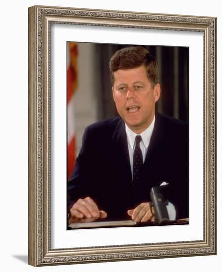 President John F. Kennedy Speaking on Defense of with Berlin During National Radio and TV Address-Ed Clark-Framed Photographic Print