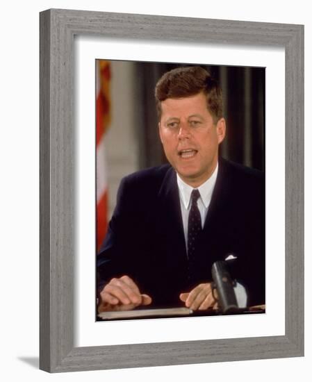 President John F. Kennedy Speaking on Defense of with Berlin During National Radio and TV Address-Ed Clark-Framed Photographic Print