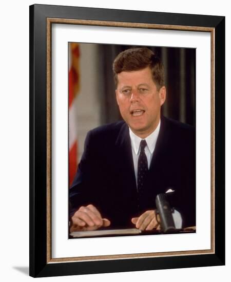 President John F. Kennedy Speaking on Defense of with Berlin During National Radio and TV Address-Ed Clark-Framed Photographic Print