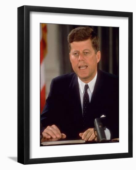 President John F. Kennedy Speaking on Defense of with Berlin During National Radio and TV Address-Ed Clark-Framed Photographic Print