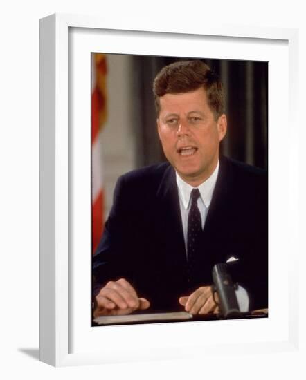 President John F. Kennedy Speaking on Defense of with Berlin During National Radio and TV Address-Ed Clark-Framed Photographic Print