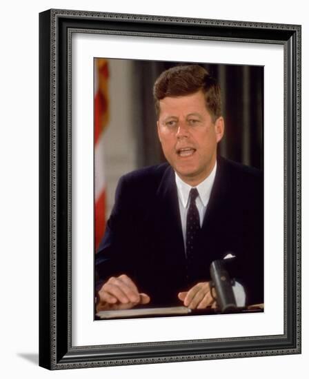 President John F. Kennedy Speaking on Defense of with Berlin During National Radio and TV Address-Ed Clark-Framed Photographic Print