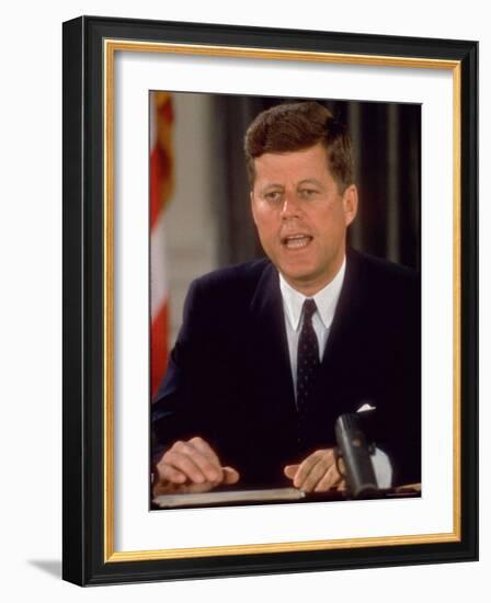 President John F. Kennedy Speaking on Defense of with Berlin During National Radio and TV Address-Ed Clark-Framed Photographic Print