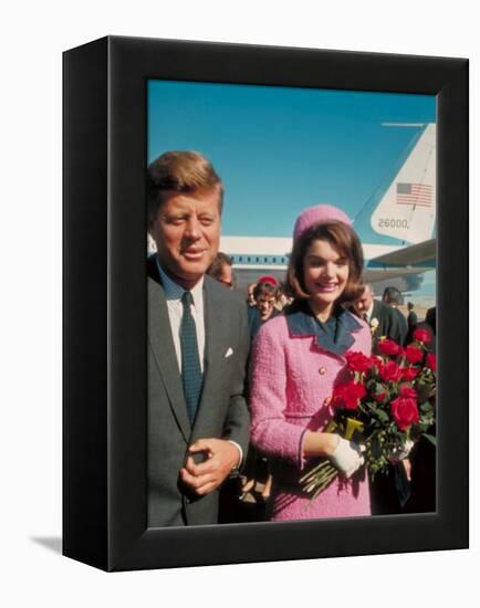 President John F. Kennedy Standing with Wife Jackie After Their Arrival at the Airport-Art Rickerby-Framed Premier Image Canvas