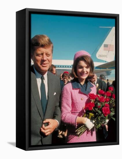 President John F. Kennedy Standing with Wife Jackie After Their Arrival at the Airport-Art Rickerby-Framed Premier Image Canvas