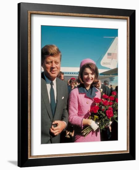 President John F. Kennedy Standing with Wife Jackie After Their Arrival at the Airport-Art Rickerby-Framed Photographic Print