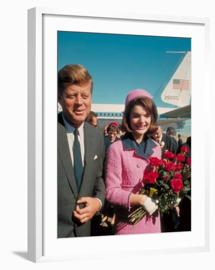 President John F. Kennedy Standing with Wife Jackie After Their Arrival at the Airport-Art Rickerby-Framed Photographic Print