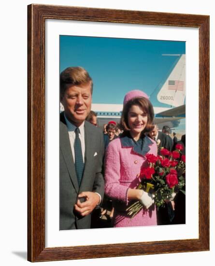 President John F. Kennedy Standing with Wife Jackie After Their Arrival at the Airport-Art Rickerby-Framed Photographic Print