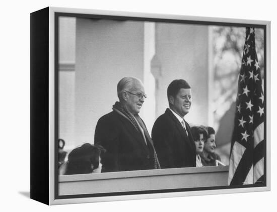 President John F. Kennedy Stands at His Inauguration Ceremonies with His Father Joseph P. Kennedy-Joe Scherschel-Framed Premier Image Canvas