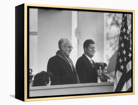 President John F. Kennedy Stands at His Inauguration Ceremonies with His Father Joseph P. Kennedy-Joe Scherschel-Framed Premier Image Canvas