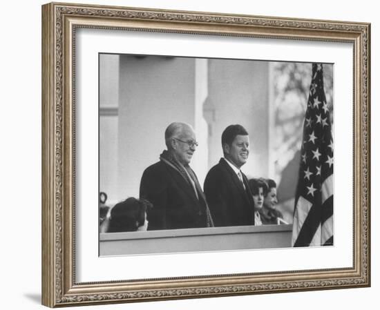 President John F. Kennedy Stands at His Inauguration Ceremonies with His Father Joseph P. Kennedy-Joe Scherschel-Framed Photographic Print