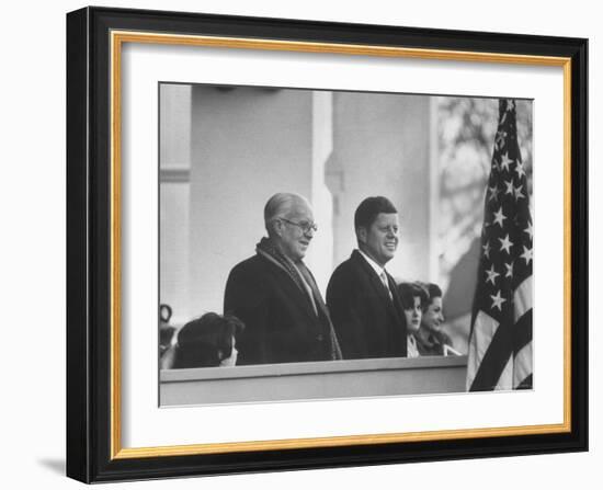 President John F. Kennedy Stands at His Inauguration Ceremonies with His Father Joseph P. Kennedy-Joe Scherschel-Framed Photographic Print