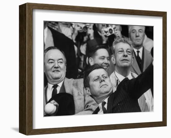 President John F. Kennedy Tossing Out 1st Ball of Baseball Season at Senators Game-Joe Scherschel-Framed Photographic Print