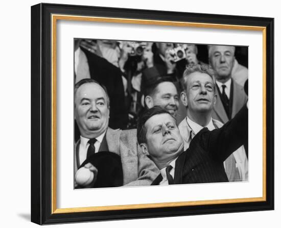 President John F. Kennedy Tossing Out 1st Ball of Baseball Season at Senators Game-Joe Scherschel-Framed Photographic Print