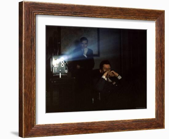 President John F. Kennedy Viewing a Film in Press Secretary Pierre Salinger's Office-Paul Schutzer-Framed Photographic Print