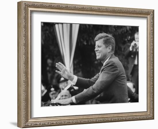 President John F. Kennedy, Waving at Crowd During Speech-John Dominis-Framed Photographic Print