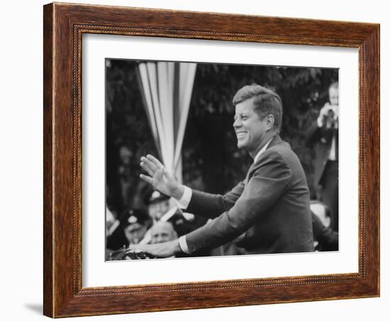 President John F. Kennedy, Waving at Crowd During Speech-John Dominis-Framed Photographic Print