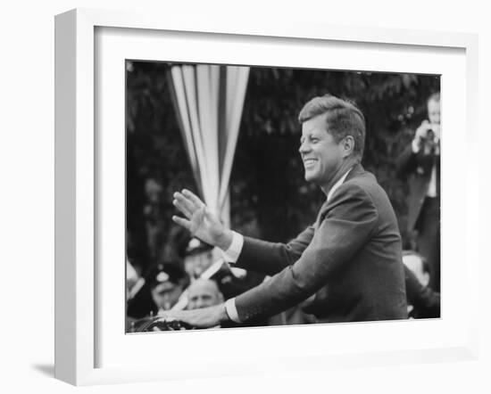 President John F. Kennedy, Waving at Crowd During Speech-John Dominis-Framed Photographic Print