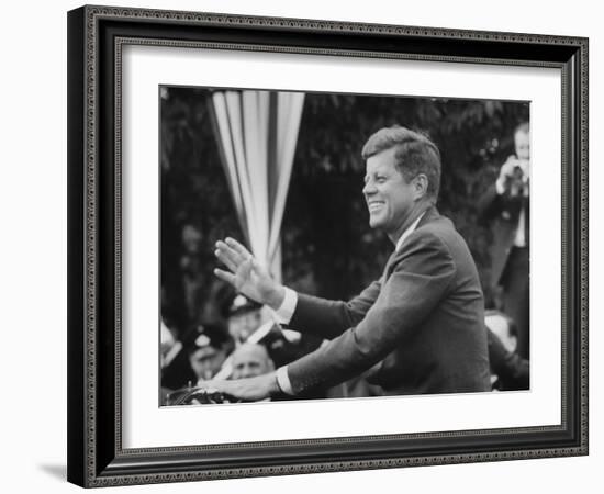 President John F. Kennedy, Waving at Crowd During Speech-John Dominis-Framed Photographic Print