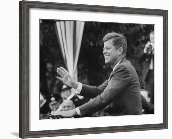 President John F. Kennedy, Waving at Crowd During Speech-John Dominis-Framed Photographic Print