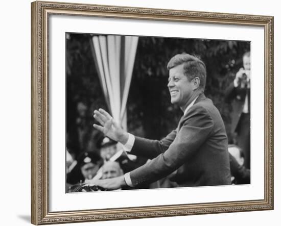 President John F. Kennedy, Waving at Crowd During Speech-John Dominis-Framed Photographic Print