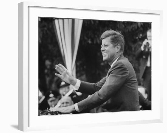 President John F. Kennedy, Waving at Crowd During Speech-John Dominis-Framed Photographic Print